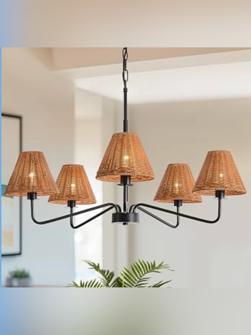 5-Light Rattan Chandelier 29" Modern Farmhouse Chandelier for Dining Room, Rusti